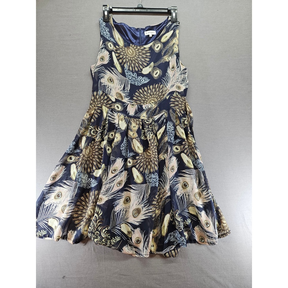 L.A. Soul Peacock Feather Print Bubble Hem Dress Navy Blue Gold Sleeveless L